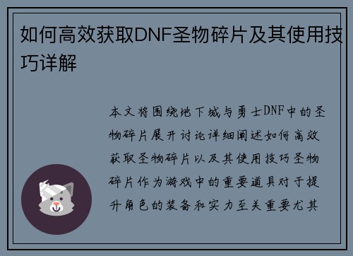 如何高效获取DNF圣物碎片及其使用技巧详解