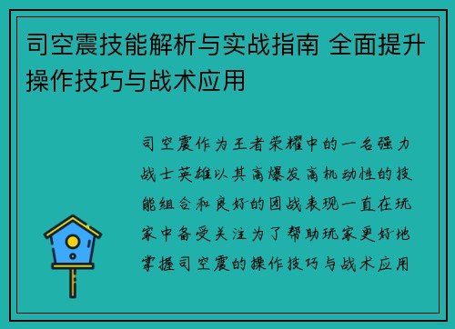 司空震技能解析与实战指南 全面提升操作技巧与战术应用