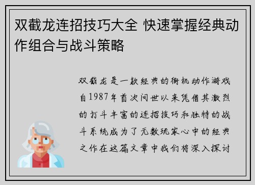 双截龙连招技巧大全 快速掌握经典动作组合与战斗策略